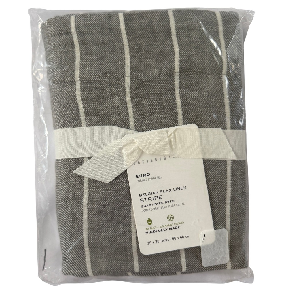 Pottery Barn Belgian Flax Linen Stripe Euro Sham Gray White 26x26 NEW